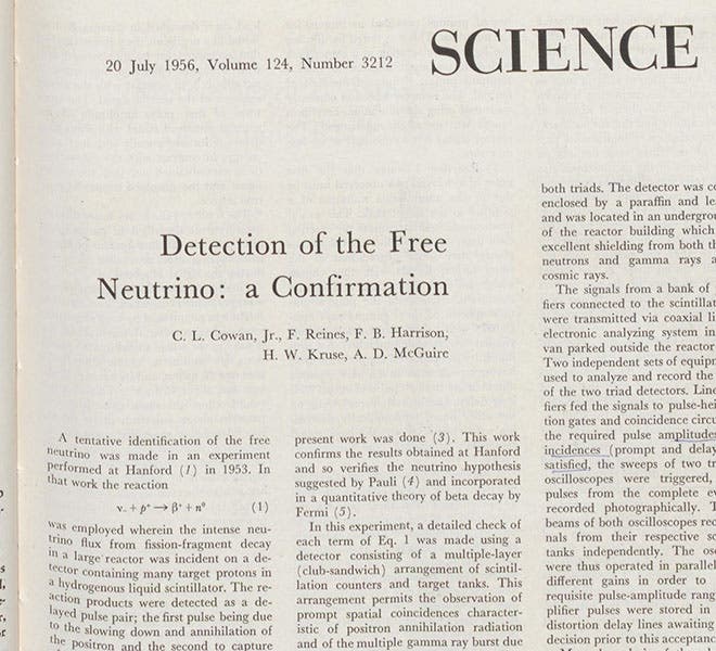 Detail of paper by Frederick Reines, Clyde Cowan, and three others, announcing the detection of the neutrino, <i>Science</i>, vol. 124, 1956 (Linda Hall Library)