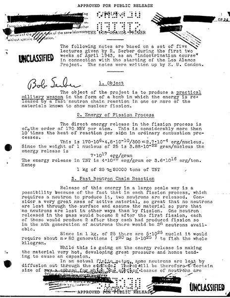 First page of The Los Alamos Primer, original mimeographed version, 1943, Federation of American Scientists (fas.org)