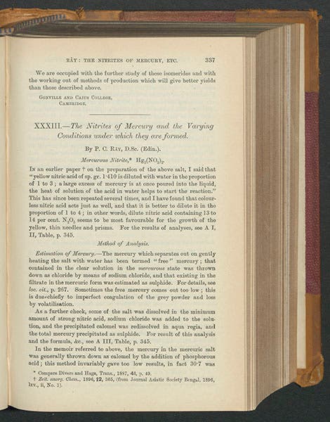 First page of Chandra Ray’s paper on nitrites of mercury, in which he announced his discovery of mercurous nitrite, Journal of the Chemical Society of London, 1897 (Linda Hall Library)
