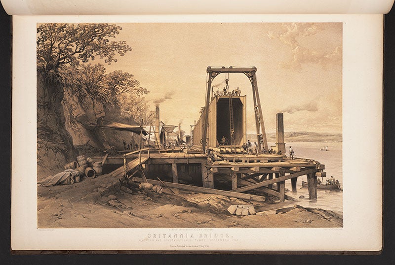 Constructing a tube on shore, The Britannia and Conway Tubular Bridges (1850) (Linda Hall Library)