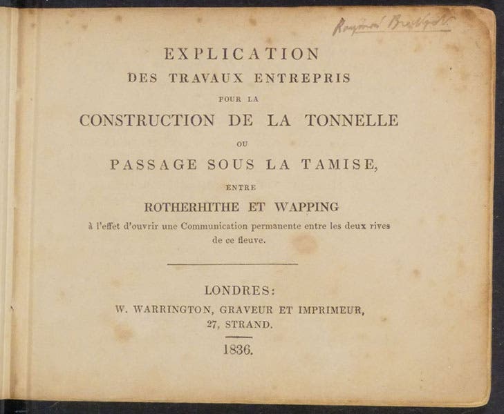 Title page of the French translation of the tunnel guide, Explication des travaux entrepis pour la construction de la tunnelle ou passage sous la Tamise, by the Thames Tunnel Company, 1836 (Linda Hall Library)