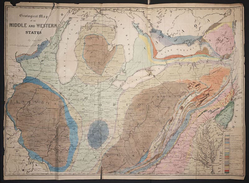 “Geological Map of the Middle and Western States,” hand-colored engraving in The Geology of New York,  Pt. IV:  Survey of the Fourth Geological District, by James Hall, 1843 (Linda Hall Library)