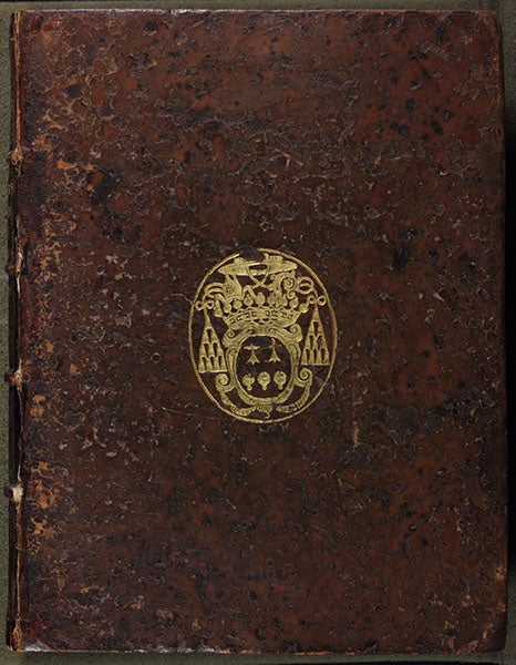 Front cover of the library’s copy of Thomas Burnet, Telluris theoria sacra, 1681, embossed with the arms of Pierre Daniel Huet (Linda Hall Library)