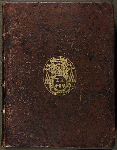 Front cover of the library’s copy of Thomas Burnet, Telluris theoria sacra, 1681, embossed with the arms of Pierre Daniel Huet (Linda Hall Library)