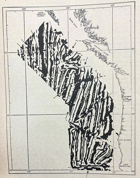 Magnetic field anomalies southwest of Vancouver Island, northeast Pacific Ocean, east and west of the Juan de Fuca ridge, illustrating the Vine-Matthews-Morley hypothesis, in “Spreading of the ocean floor: New evidence,” by F. J. Vine, Science, vol. 154, p.1406, 1966 (Linda Hall Library)