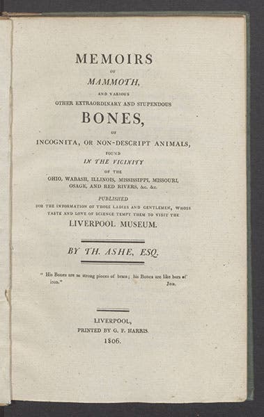 Title page of Memoirs of Mammoth, by Thomas Ashe, 1806 (Linda Hall Library)