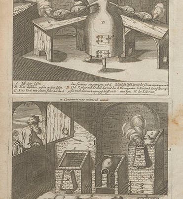 Laboratory furnaces, engraved frontispiece to Johann Glauber, <i>Works</i>, 1689 (Linda Hall Library)