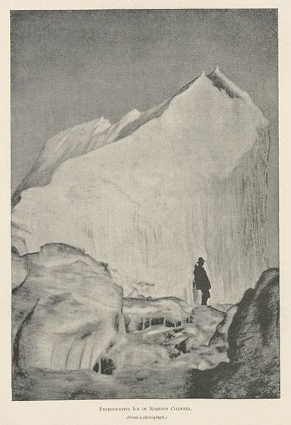 “Palaeocrystic ice in Robeson channel,” engraving after photograph by George W. Rice, 1882, in Report on the Proceedings of the United States Expedition to Lady Franklin Bay, Grinnell Land, by A.W. Greely, vol. 1, 1888 (Linda Hall Library)
