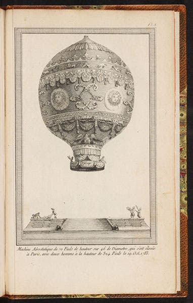 Design of the Montgolfier balloon flown on Oct. 19, 1783, engraving in Description des expériences de la machine aérostatique de MM. de Montgolfier, by Barthélemy Faujas-de-Saint-Fond, vol. 1, plate 8 at end, 1783-84 (Linda Hall Library)