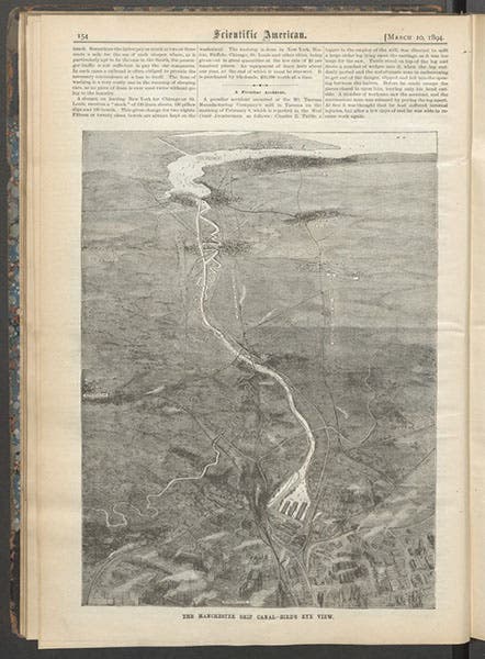 Bird’s-eye view of the Manchester Ship Canal, with the Mersey Estuary and Liverpool at the top, and Manchester Docks at the bottom; photoengraving, Scientific American, vol. 70, Mar. 10, 1894 (Linda Hall Library)