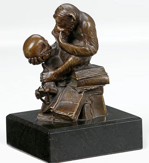 Affe mit Schädel, bronze sculpture by Hugo Rheinhold, 15-cm version, early 20th-century casting, offered by Zebregs & Röell, Amsterdam and Maastricht (zebregsroell.com)