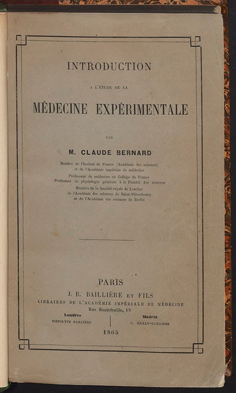 The printed paper cover of Claude Bernard, Introduction à l'étude de la médecine expérimentale, 1865 (Linda Hall Library)