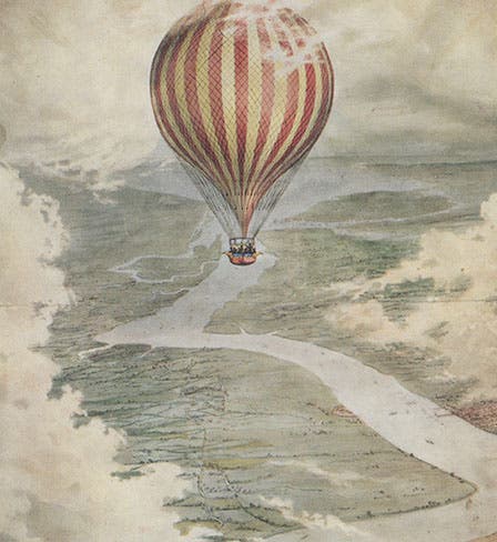 The Vauxhall or Nassau over the Medway, 1837, color photogravure in The History of Aeronautics in Great Britain, by John E. Hodgson, 1924 (Linda Hall Library)