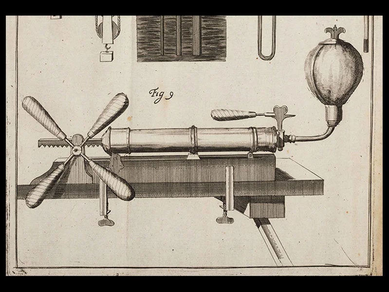 A improved Musschenbroek air-pump, this one horizontal, engraving in James Dalrymple, 1st Viscount of Stair, Physiologia nova experimentalis, 1686 (Linda Hall Library