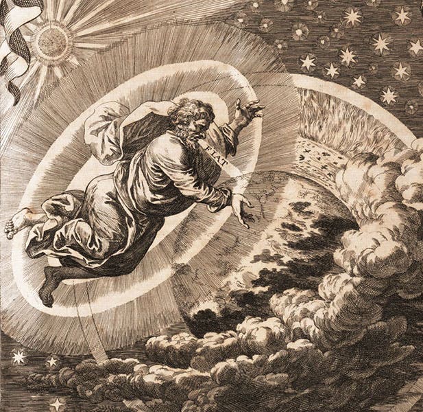 God said “Fiat!”, “Let there be light!”, detail of an engraving, Johann Zahn, Specula physico-mathematico-historica, vol. 1, 1696 (Linda Hall Library)
