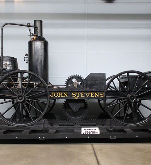 Replica of the John Stevens, as the 1825 locomotive was later named, on display in the Railroad Museum of Pennsylvania, near Strasburg. It was built by the Pennsylvania Railroad for the 1939 World’s Fair (rgusrail.com)