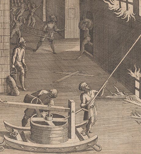 Water pump for fighting fires, invented by Salomon de Caus, detail of an engraving in his <i>Les raisons des forces mouvantes</i>, 1615 (Linda Hall Library)