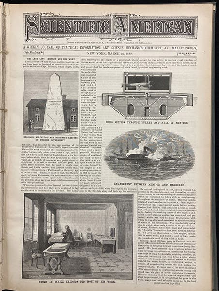 Front-page story on John Ericsson, a tribute after his death on Mar. 8, 1889, Scientific American, vol. 60(12), p. 175, Mar. 23, 1889 (The Linda Hall)