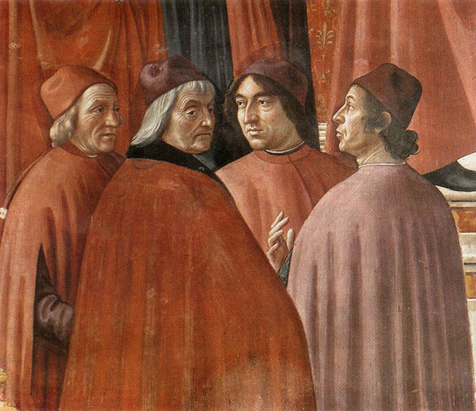 Detail of Angel Appearing to Zacharias, by Domenico Ghirlandaio, Tornabuoni Chapel, Santa Maria Novella, Florence, 1486-90; Cristoforo Landino is second from left (Web Gallery of Art)