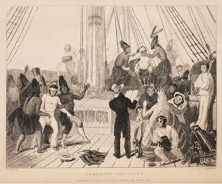 “Crossing the Line,” wood engraving after drawing by Augustus Earle, in Robert Fitzroy, Narrative of the Surveying Voyages of His Majesty's Ships Adventure and Beagle, 1839 (Linda Hall Library)