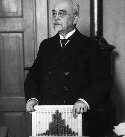 Wilhelm Johannsen with a graph showing the results of his bean-size breeding experiments, undated, 1920s? (wjc.ku.dk)