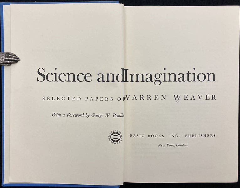 Title page, Science and Imagination: Selected Papers of Warren Weaver, 1967 (Linda Hall Library)