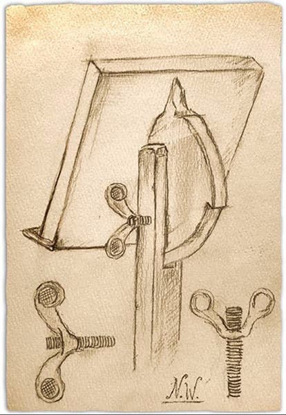 Design for a book stand with a flanged adjusting nut, designed by Nicholas Wing; Wing papers, Whistling Pig Pub and Archives, Kensington, London (whistpig.edu)