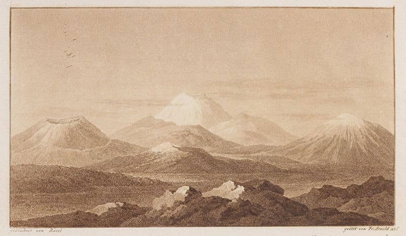 The extinct volcanoes of Auvergne and the Puy de Dôme, aquatint, Leopold von Buch, Geognostische Beobachtungen auf Reisen durch Deutschland und Italien, vol. 2, 1802-09 (Linda Hall Library)