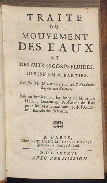 Title page, Traité de movement des eaux, by Edmé Mariotte, 1686 (Linda Hall Library)
