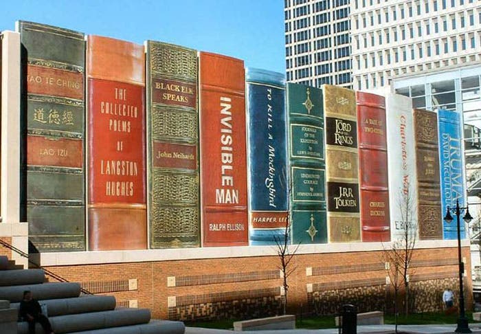 Part of the wall of books surrounding the entrance to the Kansas City Public Library parking garage; the binding of Bayle’s Dictionary, vol. 1, was used as the model for The Collected Poems of Langston Hughes, 2nd from left (atlasobscura.com)