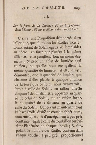 Section in which Jean-Philippe Loys de Cheseaux pointed out that if the universe is infinite, it should be uniformly bright at night, an observation now known as Olbers’ paradox, in de Cheseaux’s Traité de la comete, 1744 (Linda Hall Library)