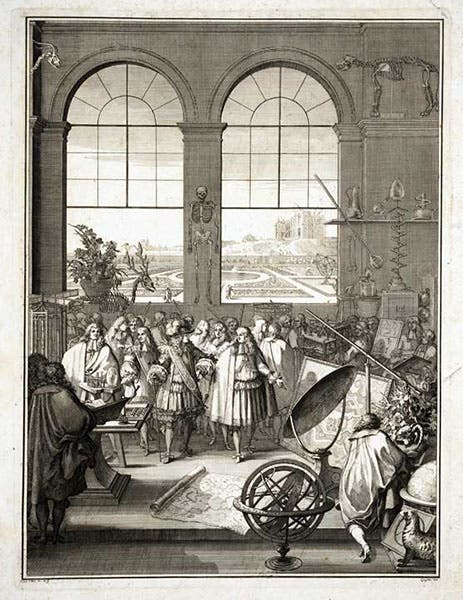 Louis XIV and Jean- Baptiste Colbert (front right) visiting the Royal Academy of Sciences, an imagined meeting of 1671, engraved frontispiece by Sebastien Le Clerc, Mémoires pour servir à l'histoire naturelle des animaux, by Claude Perrault, 1676 (Linda Hall Library)
