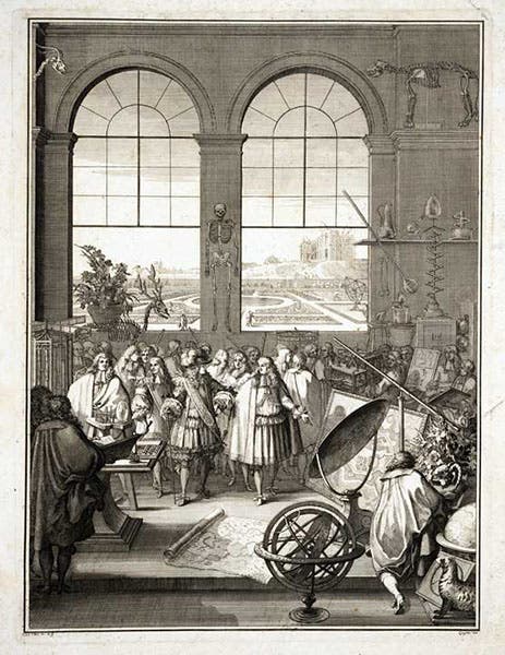 Louis XIV and Jean- Baptiste Colbert (front right) visiting the Royal Academy of Sciences, an imagined meeting of 1671, engraved frontispiece by Sebastien Le Clerc, Mémoires pour servir à l'histoire naturelle des animaux, by Claude Perrault, 1676 (Linda Hall Library)
