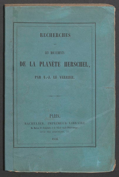 Paper cover, Recherches sur les mouvements de la planète Herschel, by Urbain Le Verrier, 1846 (Linda Hall Library)