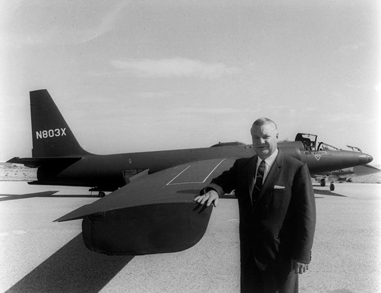Kelly Johnson with a U-2 aircraft, which he designed, ca 1958 (lookheedmartin.com)