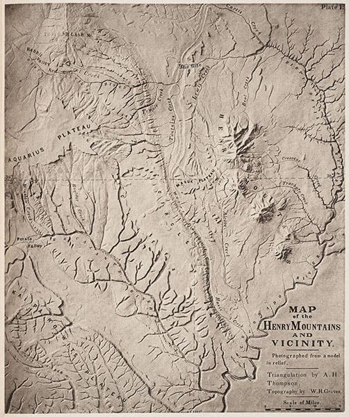 Large scale map of the area west of the Colorado River in Utah; Henry Mountains are at upper right; heliotype of a photograph of a model in relief, from G.K. Gilbert, Report, 1877 (Linda Hall Library)