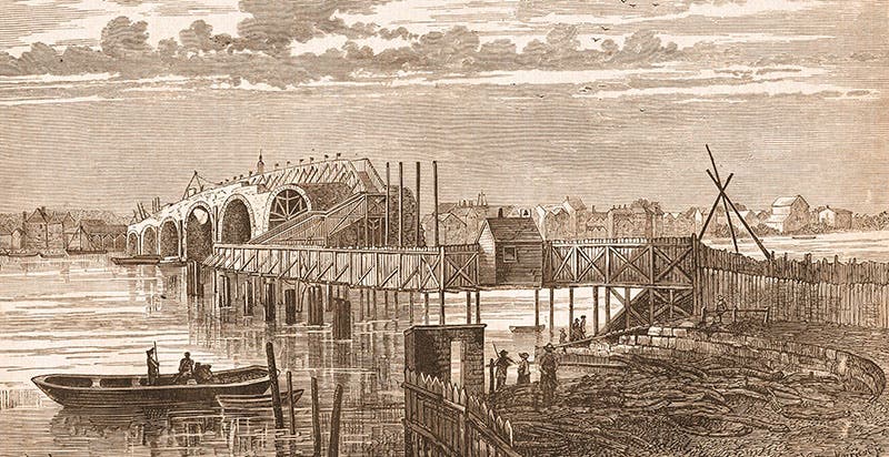 The old Blackfriars Bridge under construction, 1760s, engraving, with wooden walkways providing pedestrian access while construction was underway (thehistoryoflondon.co.uk)