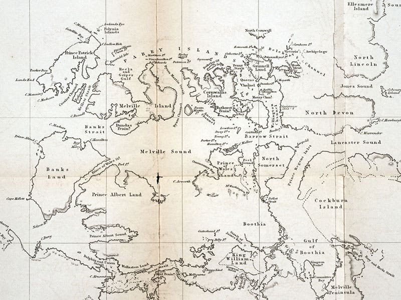 Detail of a map of the Arctic archipelago; the Arctic Squadron came in through Lancaster Sound and made Barrow Strait the center of its explorations; engraving in Edward Belcher, The Last of the Arctic Voyages, 1855 (Linda Hall Library)