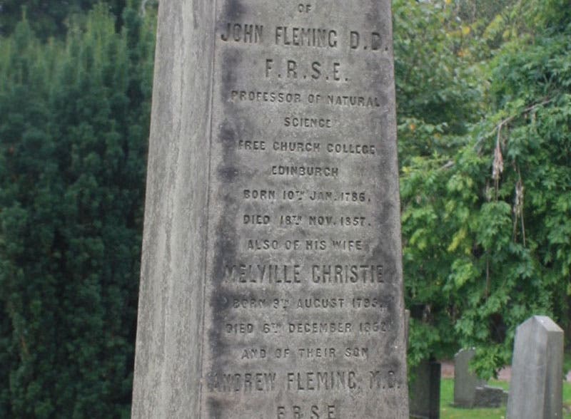 Detail of the tombstone of John and Melville Fleming, revealing the birth and death dates of Melville C. Fleming, Dean Cemetery, Edinburgh (Wikimedia commons)