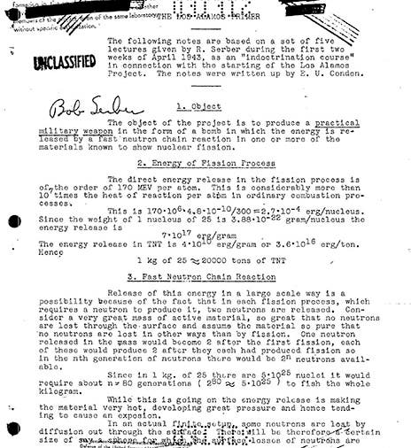 First page of The Los Alamos Primer, original mimeographed version, 1943, Federation of American Scientists (fas.org)