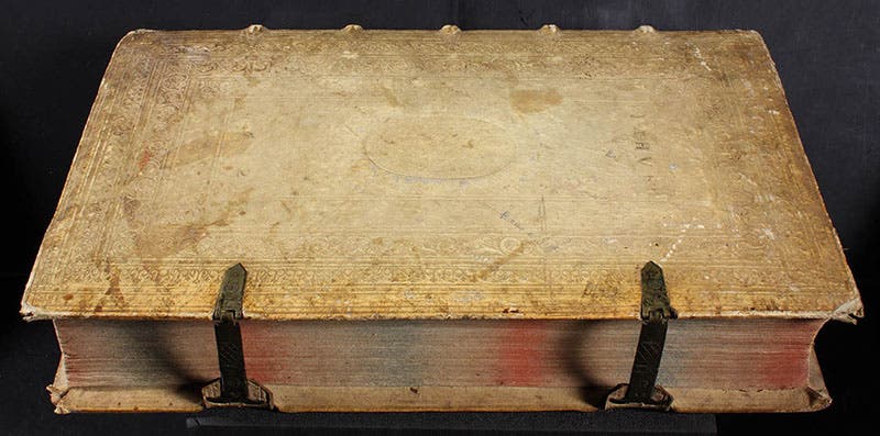 Stamped vellum binding, with intact brass clasps, of Andreas Libavius, Alchymia, 2nd ed., 1606 (Linda Hall Library)