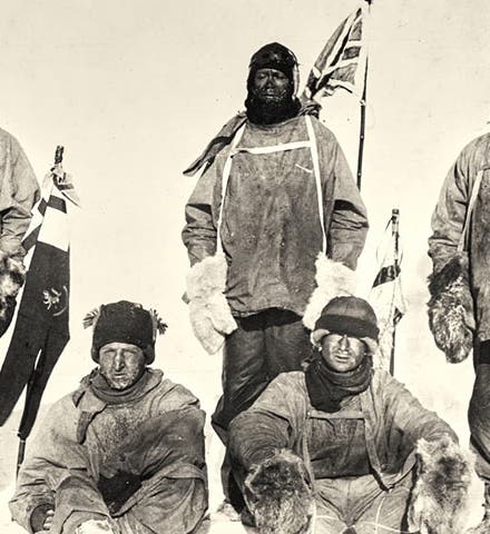 Lawrence Oates, Henry Bowers, Robert Scott, Edward Wilson and Edgar Evans (left to right) at the South Pole, Jan. 17, 1912, print auctioned by Sotheby’s in 2017 (theguardian.com)