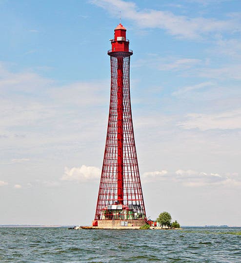 Rear Adziogol Lighthouse, designed and built by Vladimir Shukhov, 1911, Dnieper Estuary, Ukraine; recent photograph, but before 2022 (birdinflight.com)