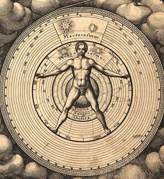 A Vitruvian man (microcosm) superimposed on the macrocosm, detail of the engraved title page by Johann Theodor de Bry, in Utriusque cosmi maioris scilicet et minoris … historia, by Robert Fludd, 1617-21 (Linda Hall Library)