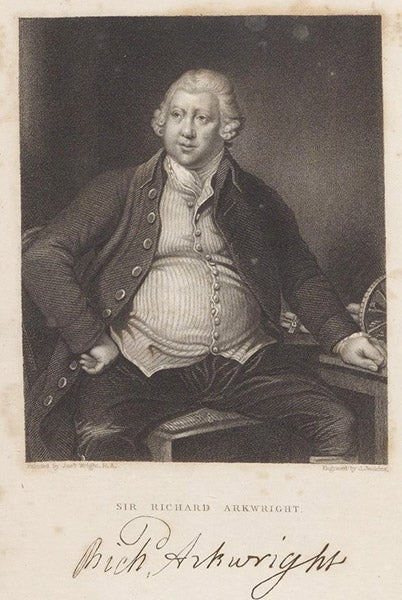 Portrait of Richard Arkwright, engraving, based on an oil portrait by Joseph Wright, 1795; frontispiece to Edward Baines, <i>History of the Cotton Manufacture in Great Britain</i>, 1836 (Linda Hall Library)