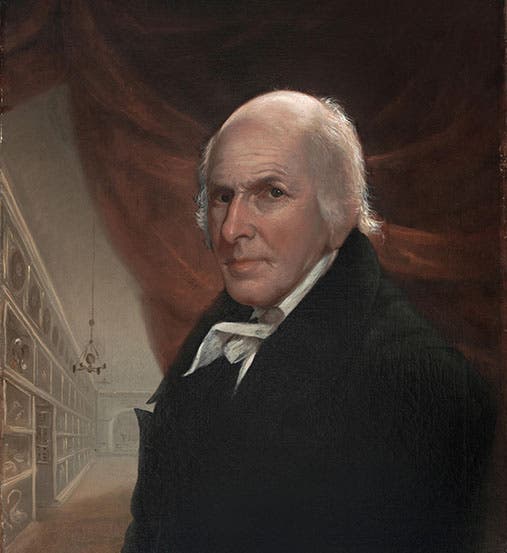 Charles Willson Peale, self-portrait, oil on canvas, posed in the Long Room of the Peale Museum, 1822, Philadelphia Museum of Art (philamuseum.org)