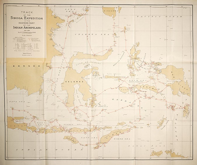 The track of the HM Siboga, which left Surabaya on March 7, 1899 and returned on February 28, 1900, from Commander G.F. Tydeman’s monograph, “Description of the Ship and Appliances used for Scientific Exploration,” Monograph 2, Siboga-expeditie, 1902 (Linda Hall Library)