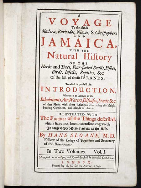 Title page, A Natural History of Jamaica, by Hans Sloane, vol. 1, 1707-25 (Linda Hall Library)