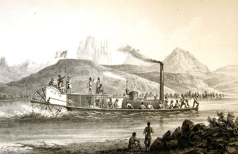 The steamboat Explorer on the lower Colorado River, near Chimney Peak, detail of the lithographed frontispiece by J.J. Young after H.B. Möllhausen, in Joseph C. Ives, Report upon the Colorado River of the West, 1861 (Linda Hall Library)