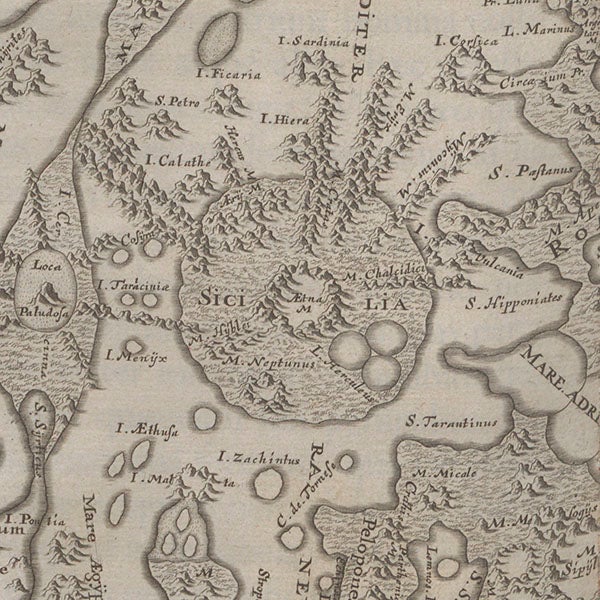 Detail of sixth image, centered on the crater that Hevelius names Sicilia, and we now call Copernicus, in Johannes Hevelius, Selenographia, 1647 (Linda Hall Library)